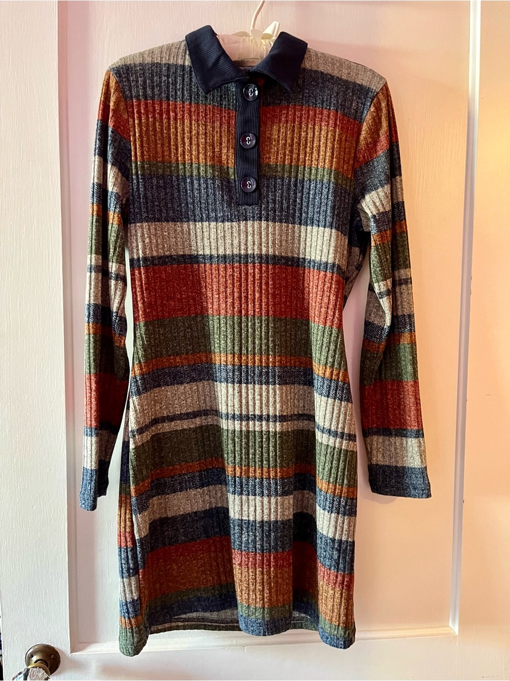 Striped Ribbed Knit Polo Sweater Dress in Heather Fall Autumn Colors Big Buttons